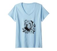 Mujer Retro Vintage Flowers Floral Ink Chinese Shar Pei Dog Lover Camiseta Cuello V