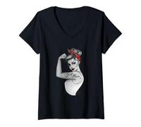 Mujer Retro Vintage Girl Power Pin Up Art Moderno RosietheRiveter Camiseta Cuello V