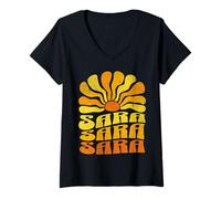 Mujer Retro Vintage Groovy Sun SARA Nombre Personalizado Estilo 70s Camiseta Cuello V