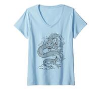 Mujer Retro Vintage Zodiac Lunar New Year Black Chinese Dragon Camiseta Cuello V
