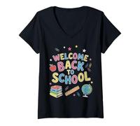 Mujer Retro Welcome Back To School Teacher Apreciación Colorido Camiseta Cuello V