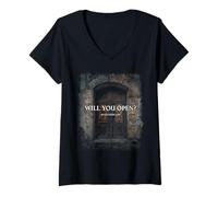 Mujer Revelation 3:20 I Stand at The Door and Knock, Will You Open Camiseta Cuello V