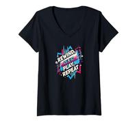 Mujer Rewind Play Repeat 80s 90s Cassette Tape Retro Music Lover Camiseta Cuello V