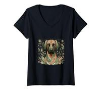 Mujer Rhodesian Ridgeback perro botánico naturaleza ilustración Camiseta Cuello V