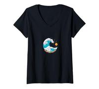Mujer Ride The Wave Retro Tatuaje Tradicional Arte Playa Amanecer Camiseta Cuello V
