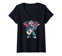 Mujer Riffs pesados con este elefante que toca la guitarra Camiseta Cuello V
