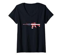 Mujer Rifle AR-15 Patriótico de Estados Unidos con diseño de superposición de Bandera Americana Camiseta Cuello V