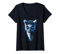 Mujer Ring-Tailed-Lémur Cara Dibujo Texto Animal Print Motif Camiseta Cuello V