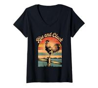 Mujer Rise and Cluck Retro Rooster Sunrise Camiseta Cuello V