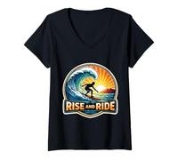 Mujer Rise and Ride Surfer Mañana Surfing Tabla de Surf Cita Vintage Camiseta Cuello V