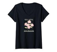 Mujer Rise Shine Bloom - Flores motivación inspiración autocuidado Camiseta Cuello V