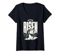 Mujer Risen Jesus Christian Resurrection Anime Manga Fe Camiseta Cuello V