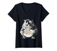 Mujer River Beast Comiendo Fideos Ramen Divertido Arte Animal Camiseta Cuello V