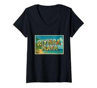 Mujer Riviera Maya México 50s Vintage Travel Souvenir Art Graphic Camiseta Cuello V