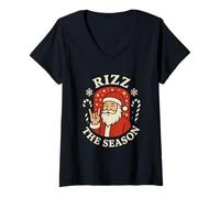 Mujer Rizz The Season Meme Santa Retro Humor Navidad Rock Camiseta Cuello V