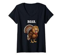 Mujer Roar Turkey Lion Humor Acción de Gracias Camiseta Cuello V