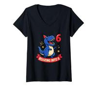 Mujer Roaring Into 6 Dinosaurio T Rex 6º Cumpleaños Niños Niños Seis Camiseta Cuello V