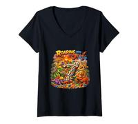 Mujer Roaring Into 7 Dinosaurios Fiesta de Cumpleaños Bloques de Construcción Dino Camiseta Cuello V