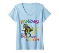 Mujer Roaring into Kindergarten Dinosaur Kids Day Back to School Camiseta Cuello V