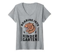 Mujer Roaring Into Kindergarten Tiger Funny Boys 1er día de Escuela Camiseta Cuello V