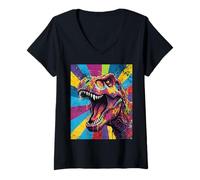 Mujer “Roaring T Rex” Colorful Pop Art Dinosaur Graphic Design Fun Camiseta Cuello V