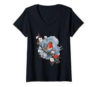 Mujer Robin Bird Cherry Blossom Tree Floral Woodblock Art Camiseta Cuello V