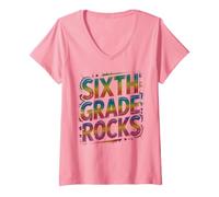 Mujer Rocas Rocas DE Sexto Grado Primer día I Teach Teacher Crew Little Camiseta Cuello V