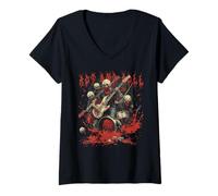 Mujer Rock and Blood Zombie Rock Band Rock n Roll Guitarra Camiseta Cuello V