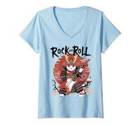 Mujer Rock and Roll Cat Classic Japanese Samurai Warrior Rock Cat Camiseta Cuello V