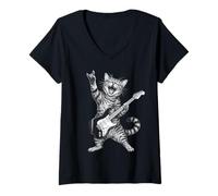 Mujer Rock and Roll Cat Playing Electric Guitar Tabby Kitten Camiseta Cuello V