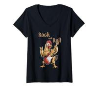 Mujer Rock and Roll Guitarra Pollo Vintage Rock Guitarrista Animal Camiseta Cuello V