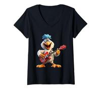 Mujer Rock and Roll Pollo Tocando Guitarra Eléctrica Camiseta Cuello V