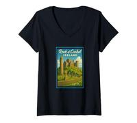 Mujer Rock of Cashel Irlanda Vintage Travel Souvenir Art Graphic Camiseta Cuello V