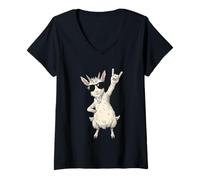 Mujer Rock On Goat - Señal de Mano con Gafas de Camiseta Cuello V