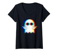 Mujer Rock On Psychedelic Ghost Retro Halloween Trippy Rave Party Camiseta Cuello V