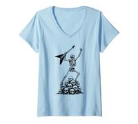 Mujer Rock On Skeleton Mano Guitarra Skull Power Rock Band Camiseta Cuello V