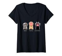 Mujer Rock Paper Scissors Hand Game Cute Paw Funny Cat Introvertido Camiseta Cuello V