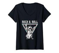 Mujer Rock & Roll Guitar Dog Fun Vibes Camiseta Cuello V