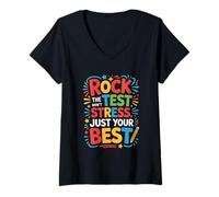 Mujer Rock The Test Dont Stress Divertido Dicho Motivacional Camiseta Cuello V