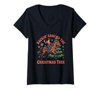 Mujer Rockin' Around The Christmas Tree Cowgirl Santa Monta a Caballo Camiseta Cuello V