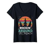 Mujer Rockin' Around The Christmas Tree - Puesta de Sol Vintage Camiseta Cuello V
