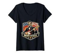 Mujer Rockin In The USA President Guitar Día de la Independencia Americana Camiseta Cuello V