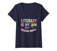Mujer Rockin' LITERACY IS MY JAM Reading Rocks Pre-K Teacher Read Camiseta Cuello V