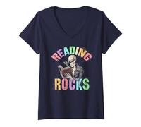 Mujer Rockin' READING ROCKS Maestro de jardín de infantes Leer en Estados Unidos Camiseta Cuello V