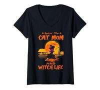 Mujer Rocking The Cat Mom Witch Life American Shorthair Halloween Camiseta Cuello V