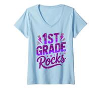Mujer Rockstar 1ST Grade Rocks Happy Choir Teacher Squad Throwback Camiseta Cuello V
