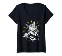 Mujer Rockstar Flautist / Flautist Cat on Cat Flaute Camiseta Cuello V