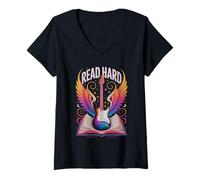 Mujer Rockstar Leer Hard Reading Rocks Escuadrón de alfabetización Preescolar Camiseta Cuello V