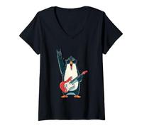 Mujer Rockstar Penguin con Gafas de Sol Guitarra eléctrica Rock Sign Camiseta Cuello V