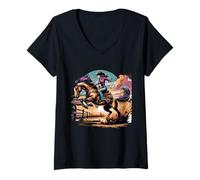 Mujer Rodeo Retro de Vaqueras, Bronco, cortando a Caballo por el Oeste Camiseta Cuello V